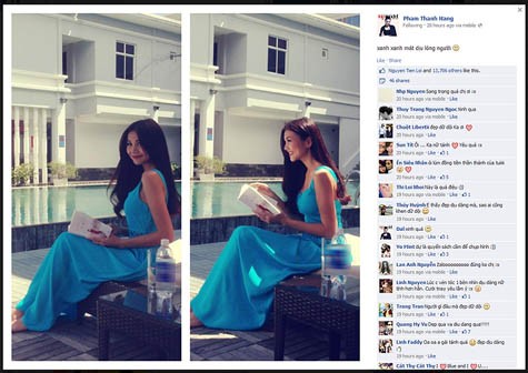 Bên cạnh đó, giám khảo của Vietnam’s Next Top Model 2013 còn khoe hình ảnh mình mặc váy xanh dịu dàng ngồi bên bể bơi. Đây là khoảnh khắc xả stress hiếm hoi của Thanh Hằng bởi thời điểm này, cô khá bận rộn với những kế hoạch công việc khác nhau.